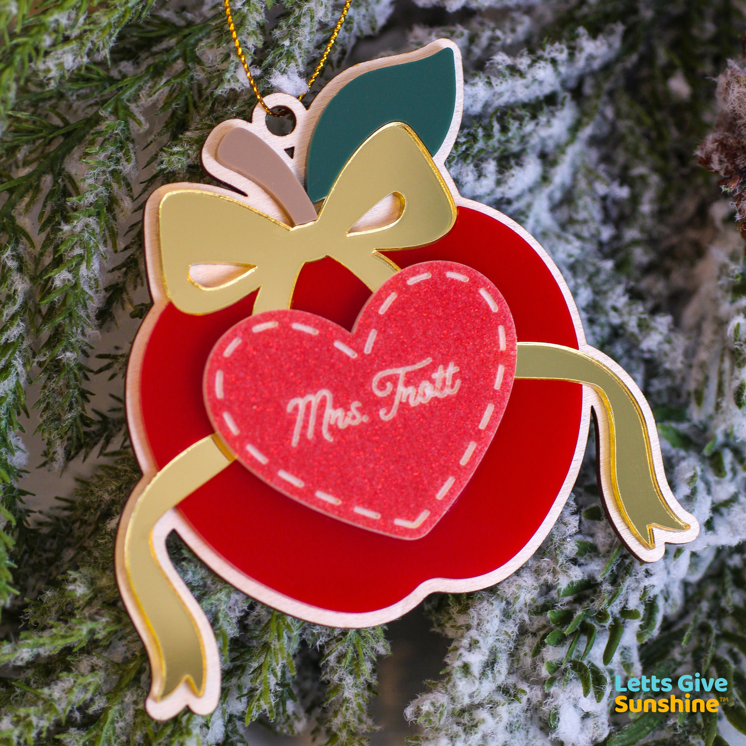 Personalized Teacher Christmas Ornament: Apple with Bow