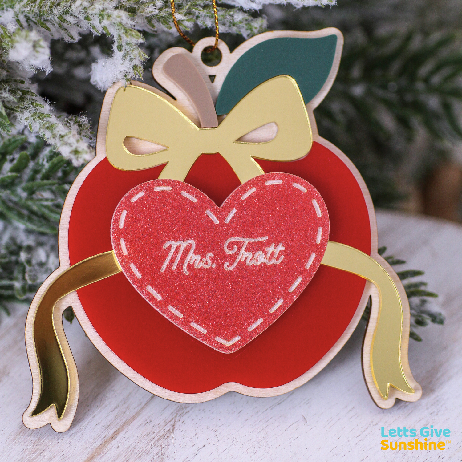 Personalized Teacher Christmas Ornament: Apple with Bow