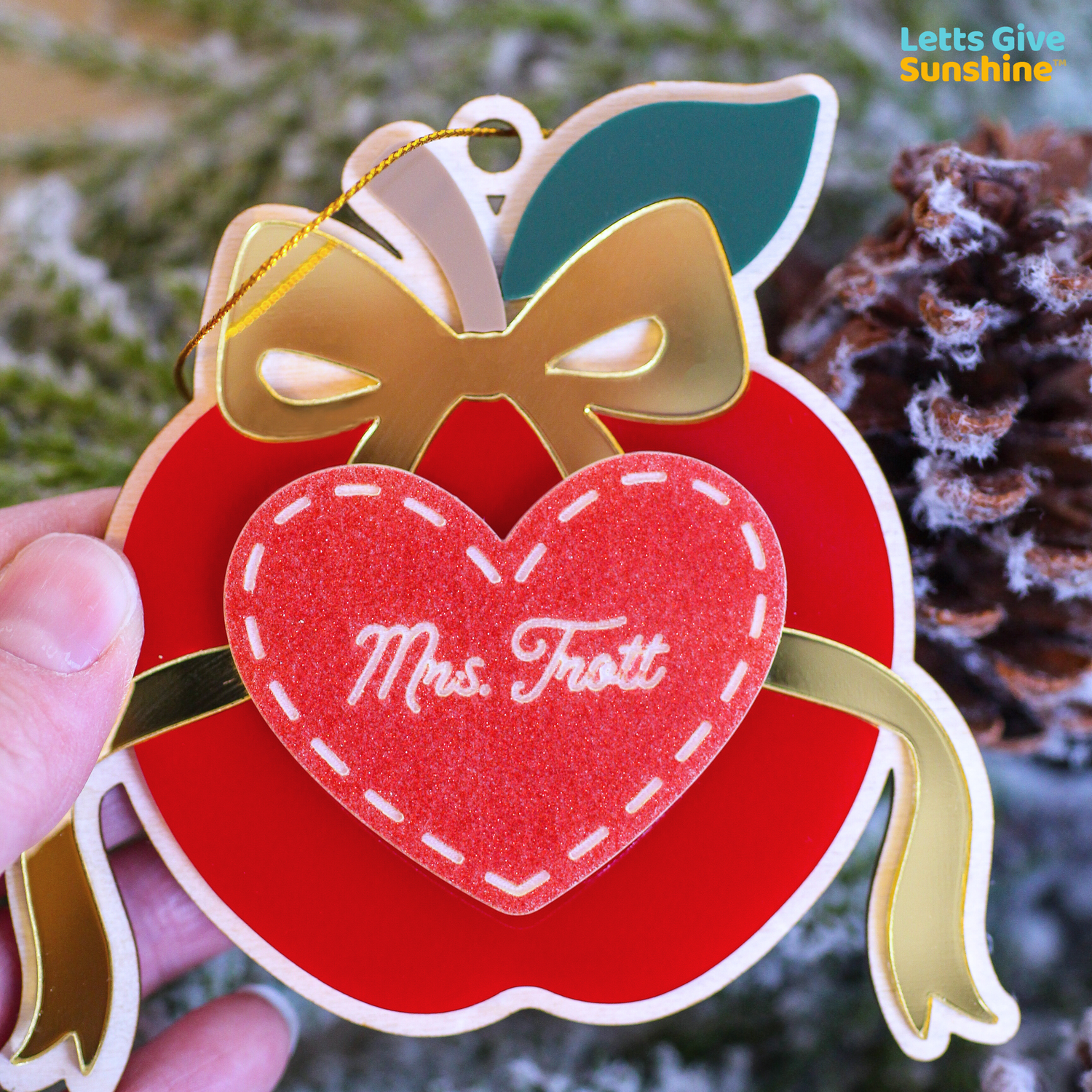 Personalized Teacher Christmas Ornament: Apple with Bow