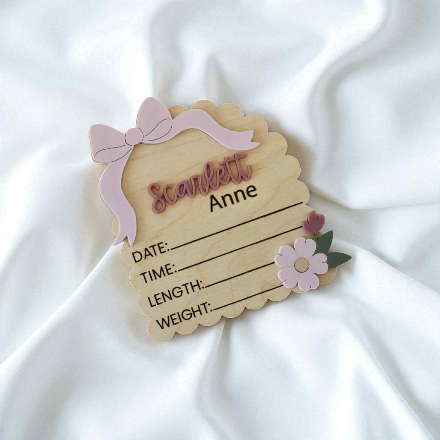 Birth Announcement Name Plaque with Birth Stats: Floral/Bow