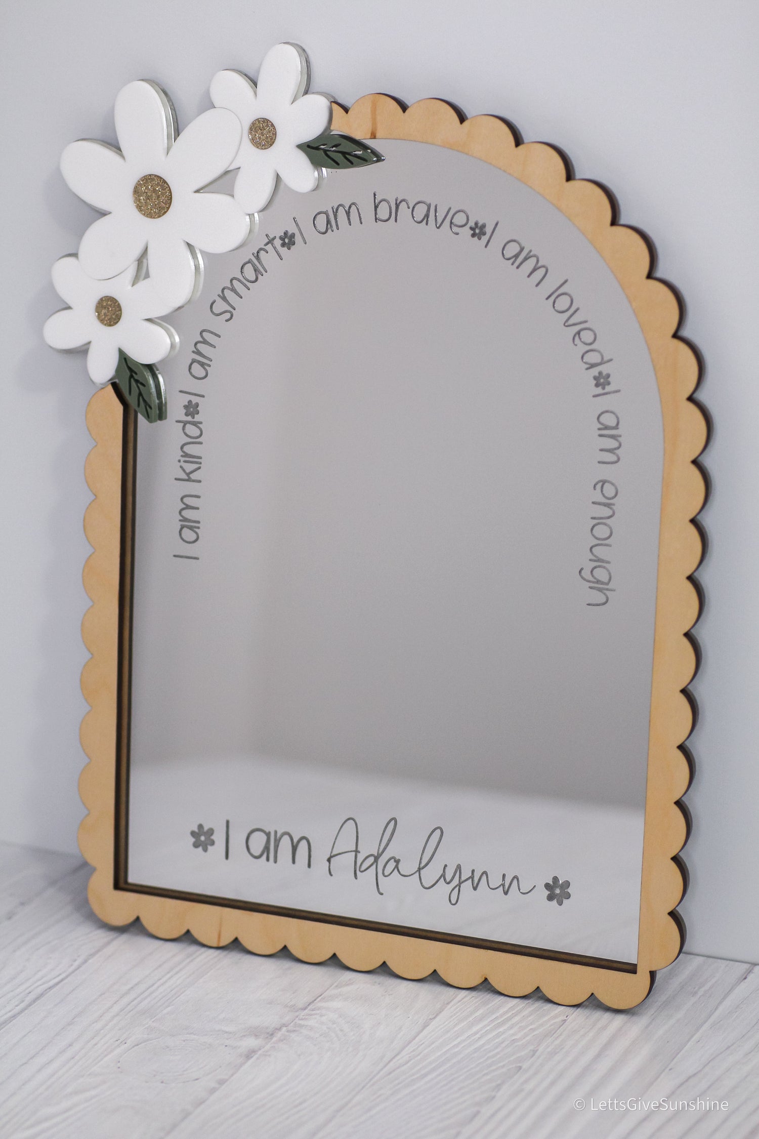 Personalized Affirmation Mirror: Scalloped Maple Border & Daisy Floral Accents