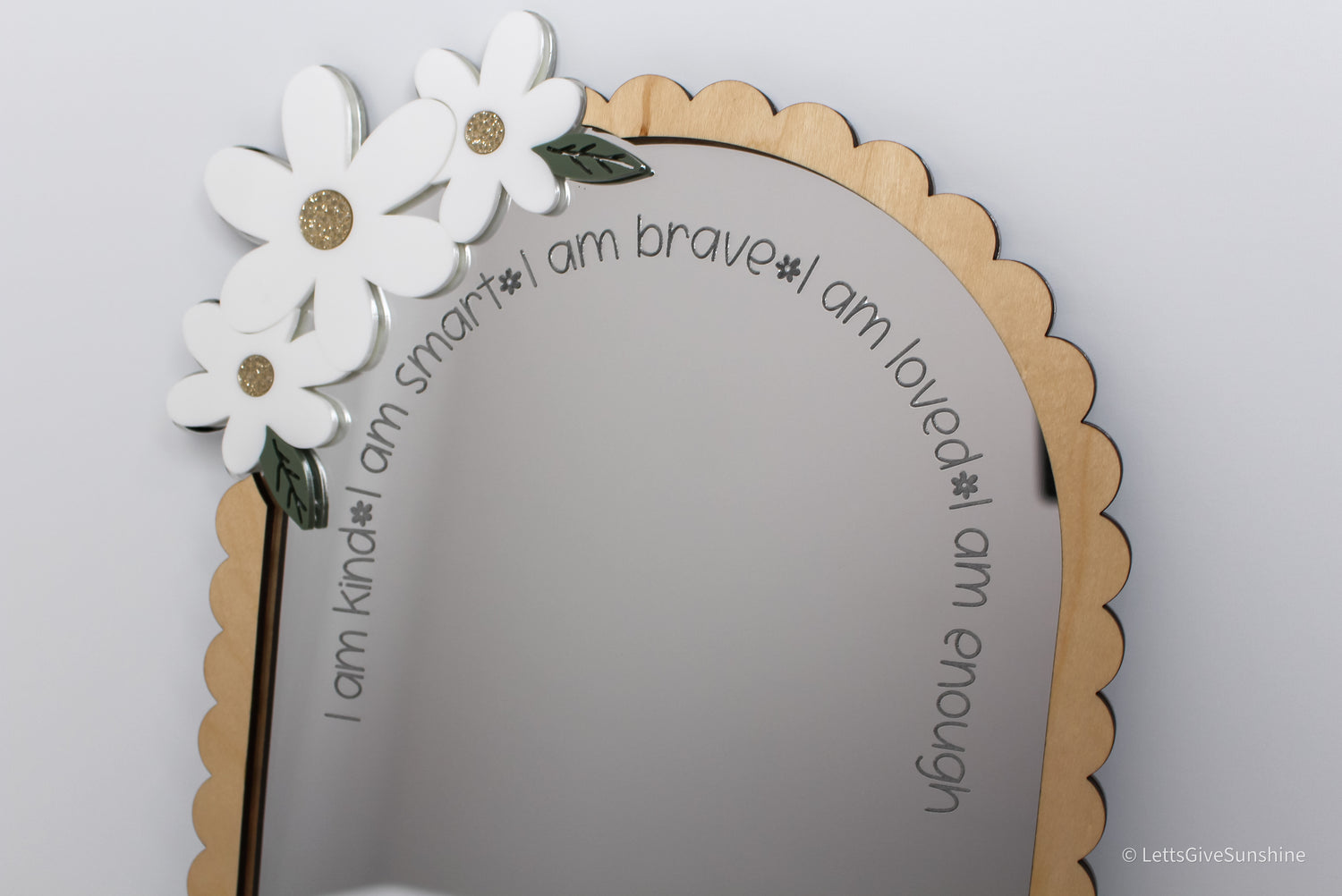 Personalized Affirmation Mirror: Scalloped Maple Border & Daisy Floral Accents