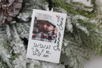 Personalized baby photo ornament featuring a newborn Christmas picture, baby name, and birth details on white acrylic, perfect for a Baby’s First Christmas keepsake.