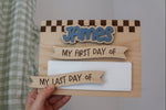 Personalized checkered first and last day of school dry erase board with interchangeable wooden banners and blue name