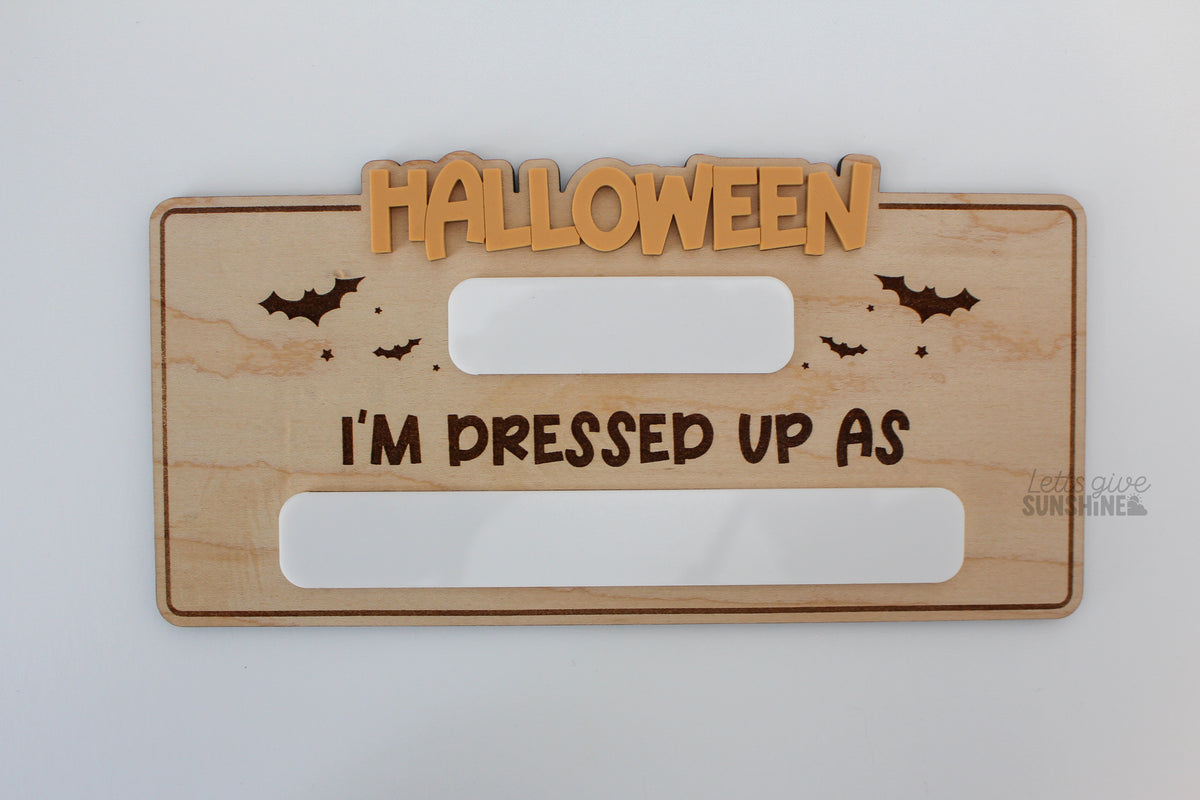 Straight edge reusable Halloween photo prop with orange acrylic Halloween lettering, engraved bats and dry erase costume fields