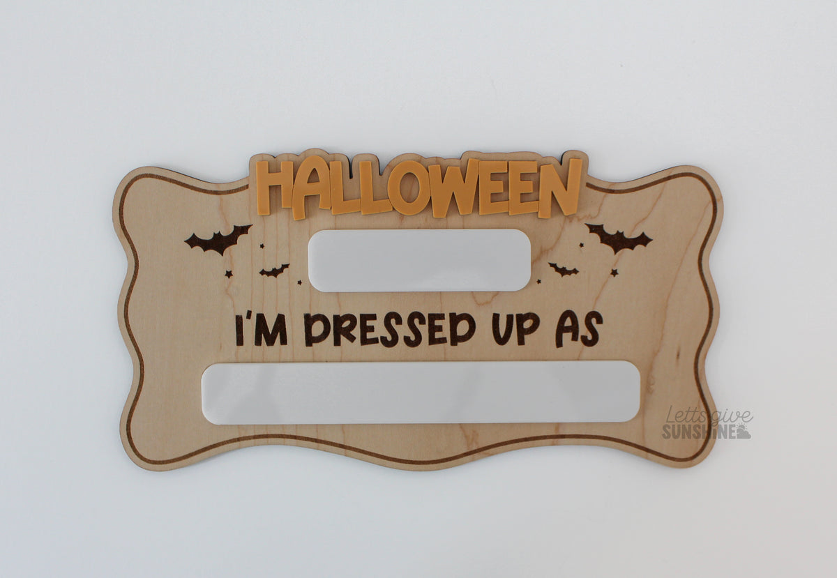 Wavy edge Halloween costume photo prop with dry erase sections for year and dressed up as, reusable wooden kids Halloween sign