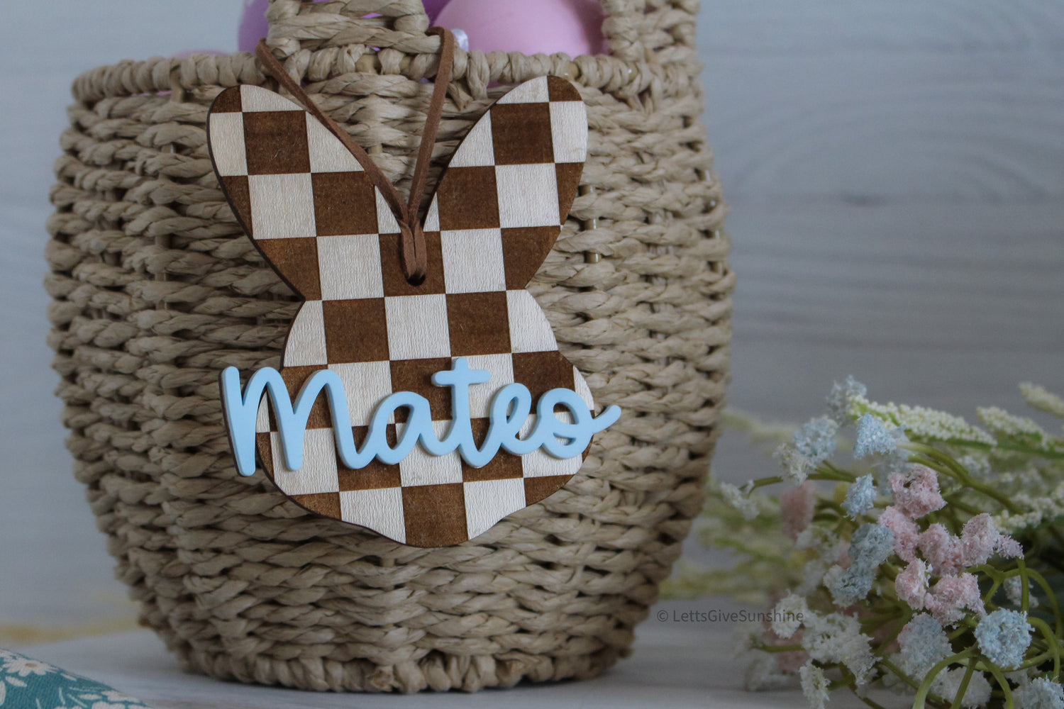 Personalized Easter Basket Tag – Wooden Bunny Name Tag for Kids