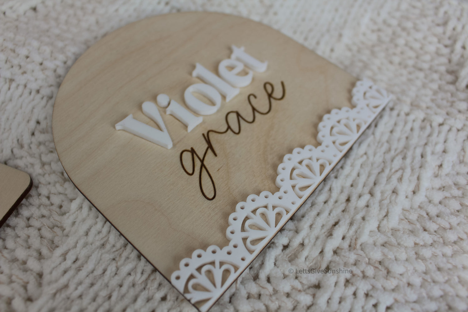 Personalized Name Announcement Plaque | Lace-inspired Trim