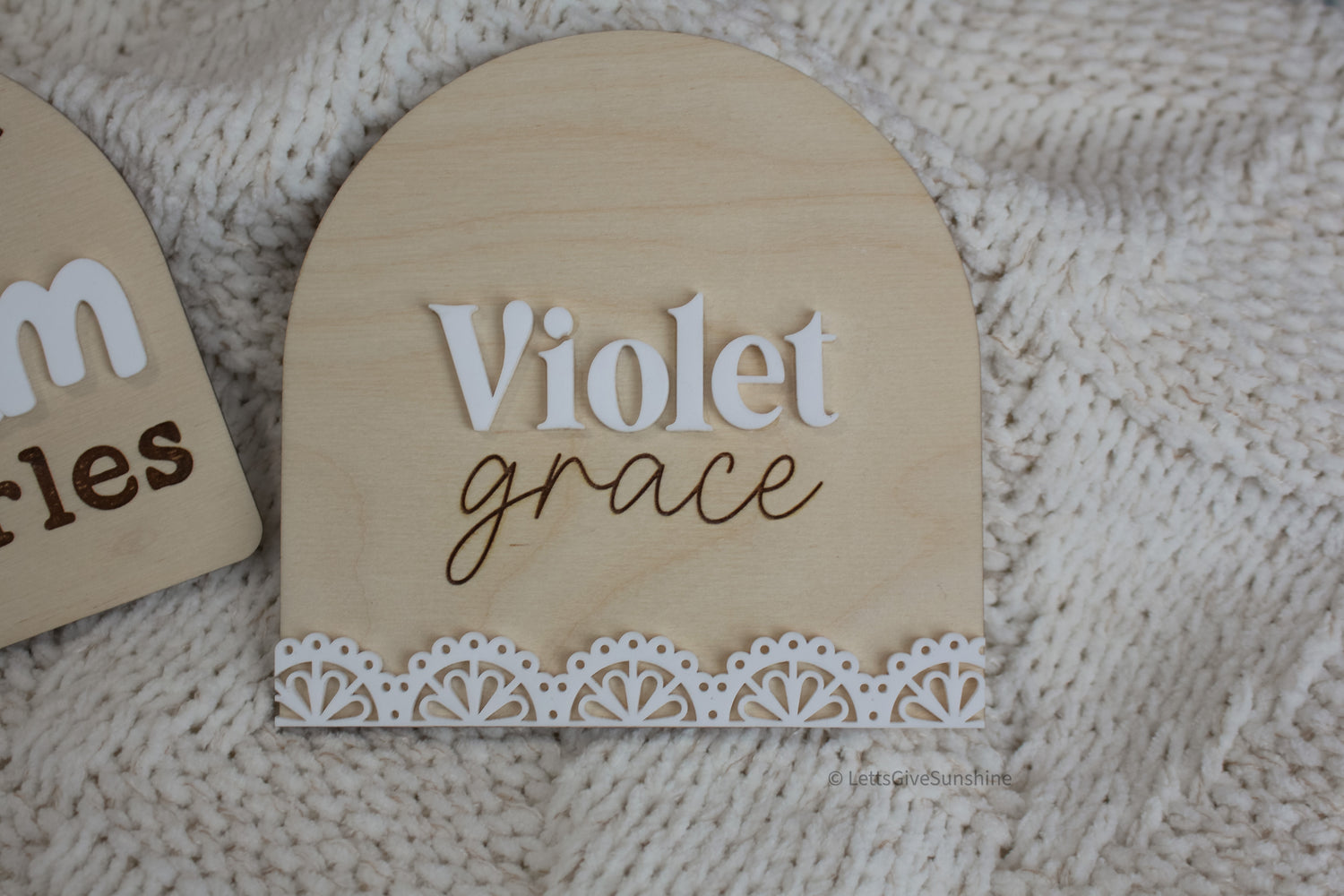 Personalized Name Announcement Plaque | Lace-inspired Trim