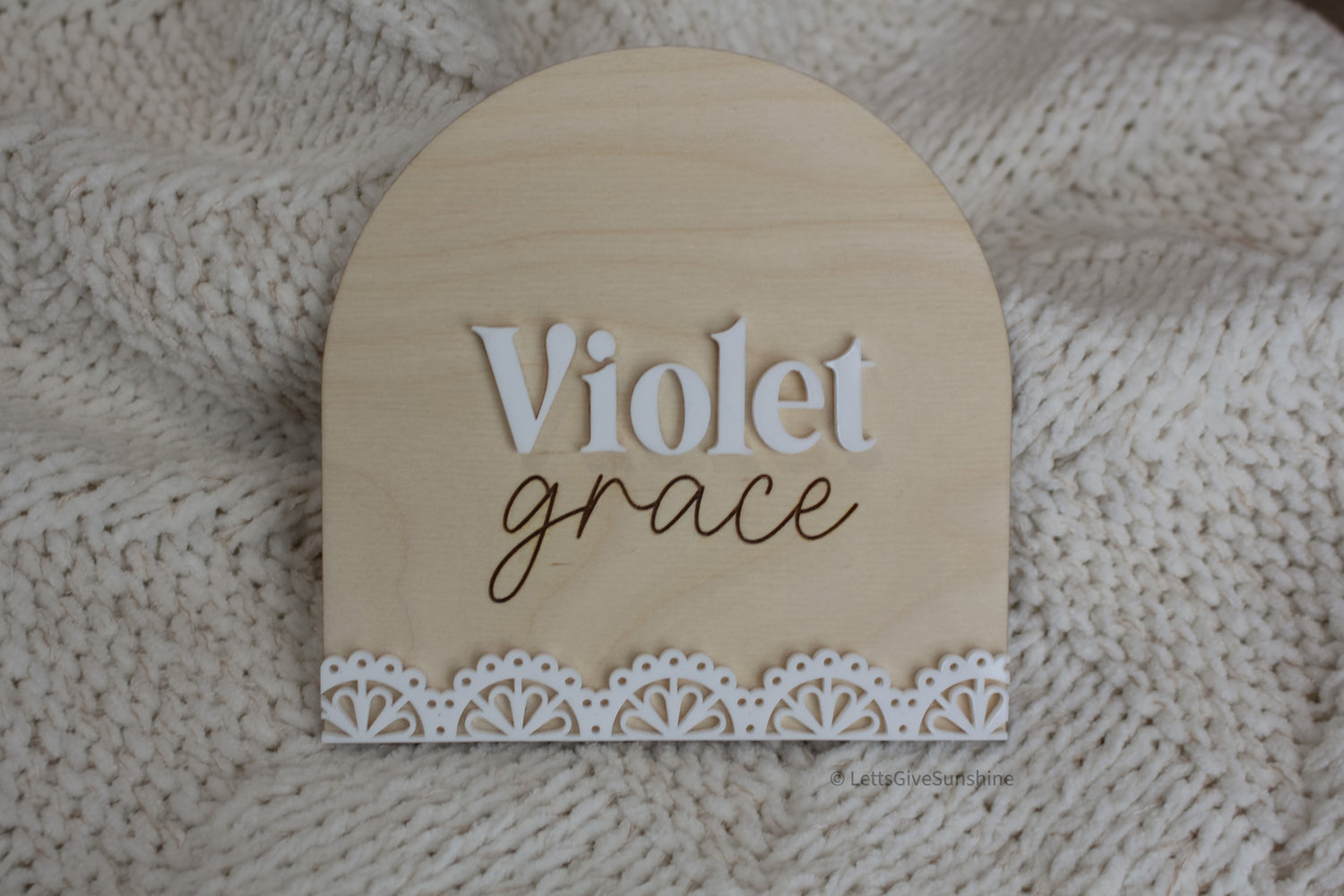 Personalized Name Announcement Plaque | Lace-inspired Trim