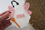 Personalized Halloween ghost name tag for kids with fairy wings and star wand, made for Boo Baskets and trick-or-treat bags