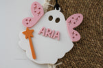 Custom fairy ghost Halloween Boo Basket tag with pink wings, orange wand and personalized child’s name