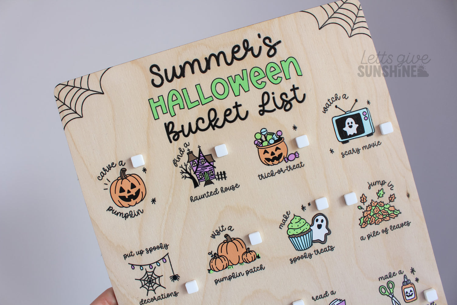 Wooden personalized Halloween Bucket List Board with kids spooky season activities, pumpkins, bats, and custom name