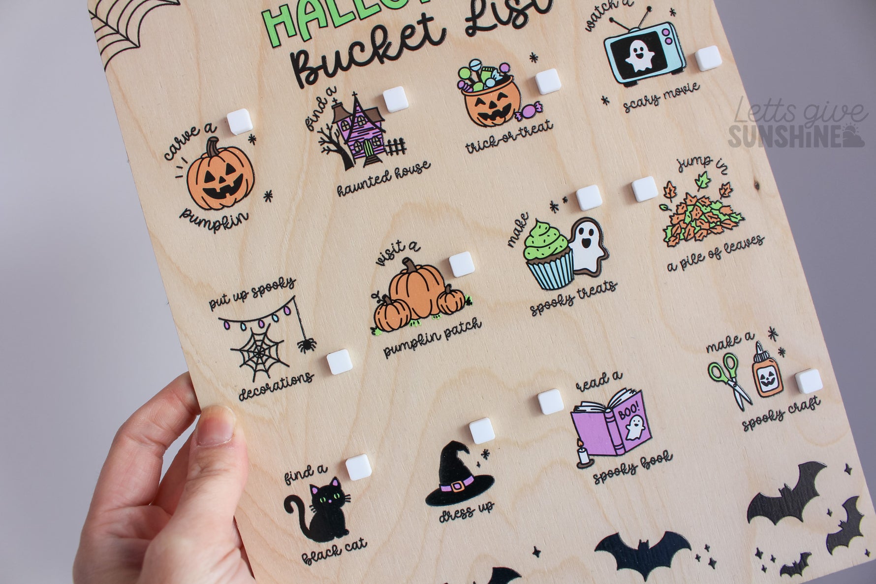 Wooden personalized Halloween Bucket List Board with kids spooky season activities, pumpkins, bats, and custom name