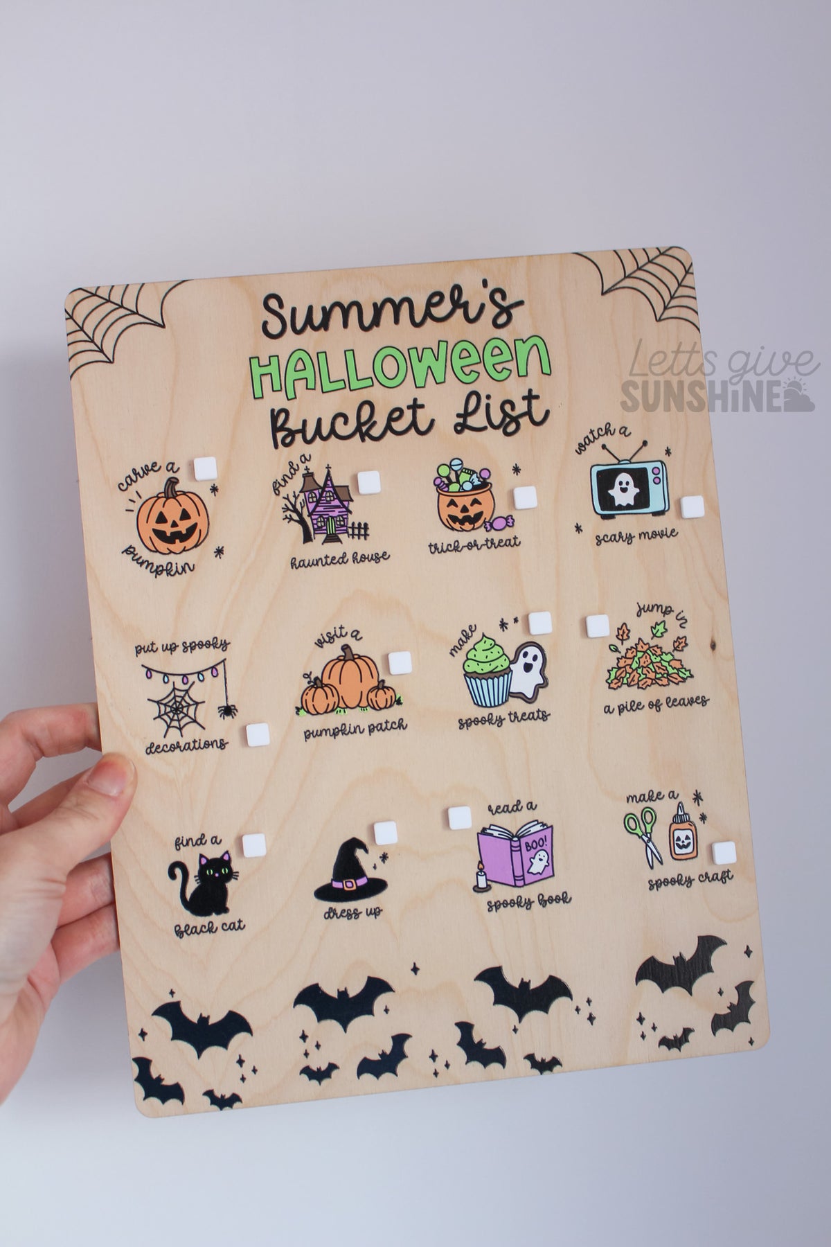 Wooden personalized Halloween Bucket List Board with kids spooky season activities, pumpkins, bats, and custom name