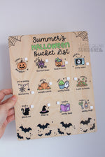 Wooden personalized Halloween Bucket List Board with kids spooky season activities, pumpkins, bats, and custom name