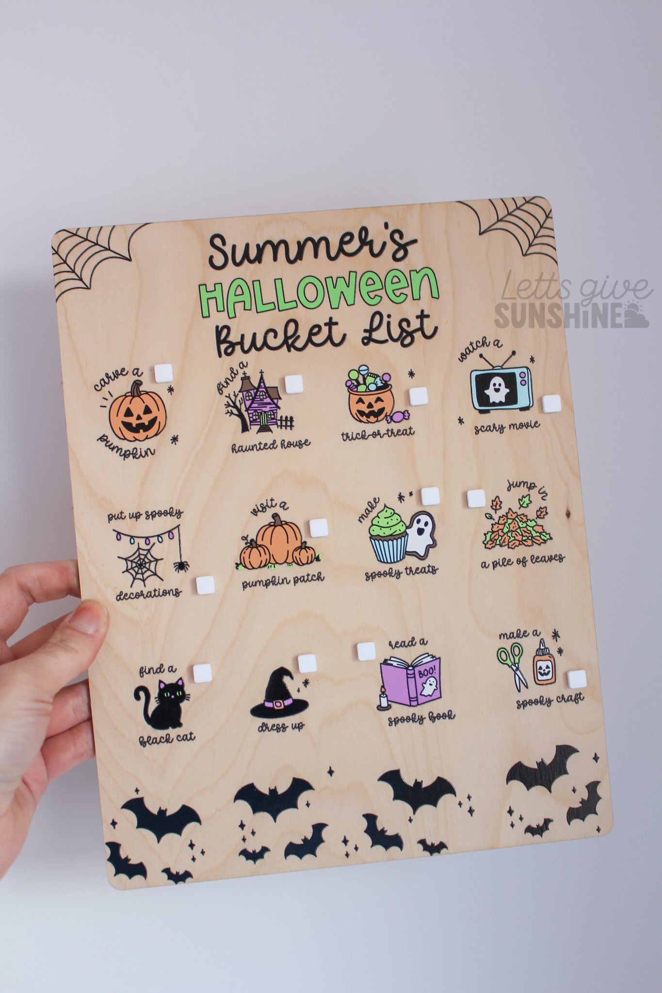 Wooden personalized Halloween Bucket List Board with kids spooky season activities, pumpkins, bats, and custom name