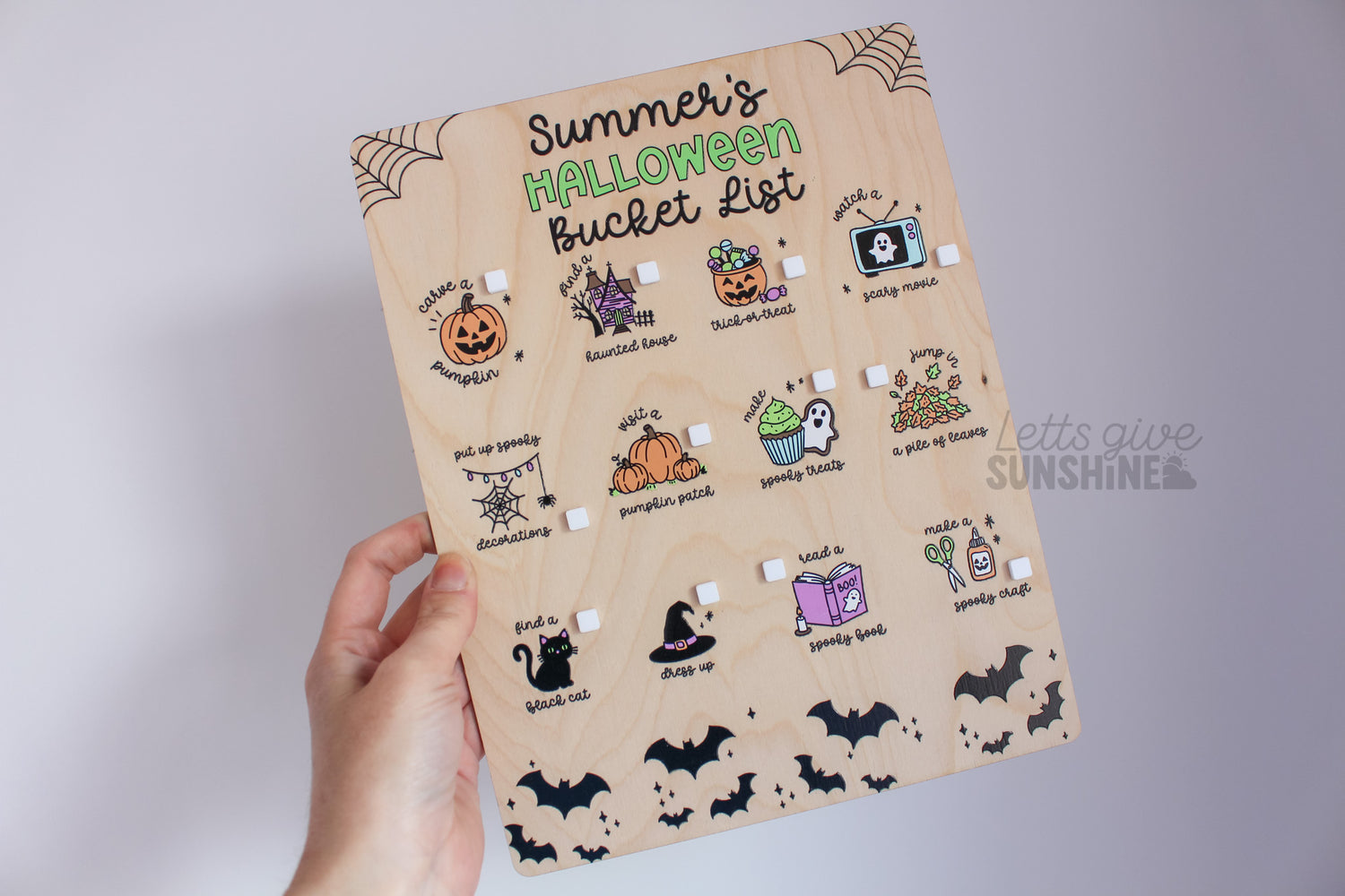 Wooden personalized Halloween Bucket List Board with kids spooky season activities, pumpkins, bats, and custom name