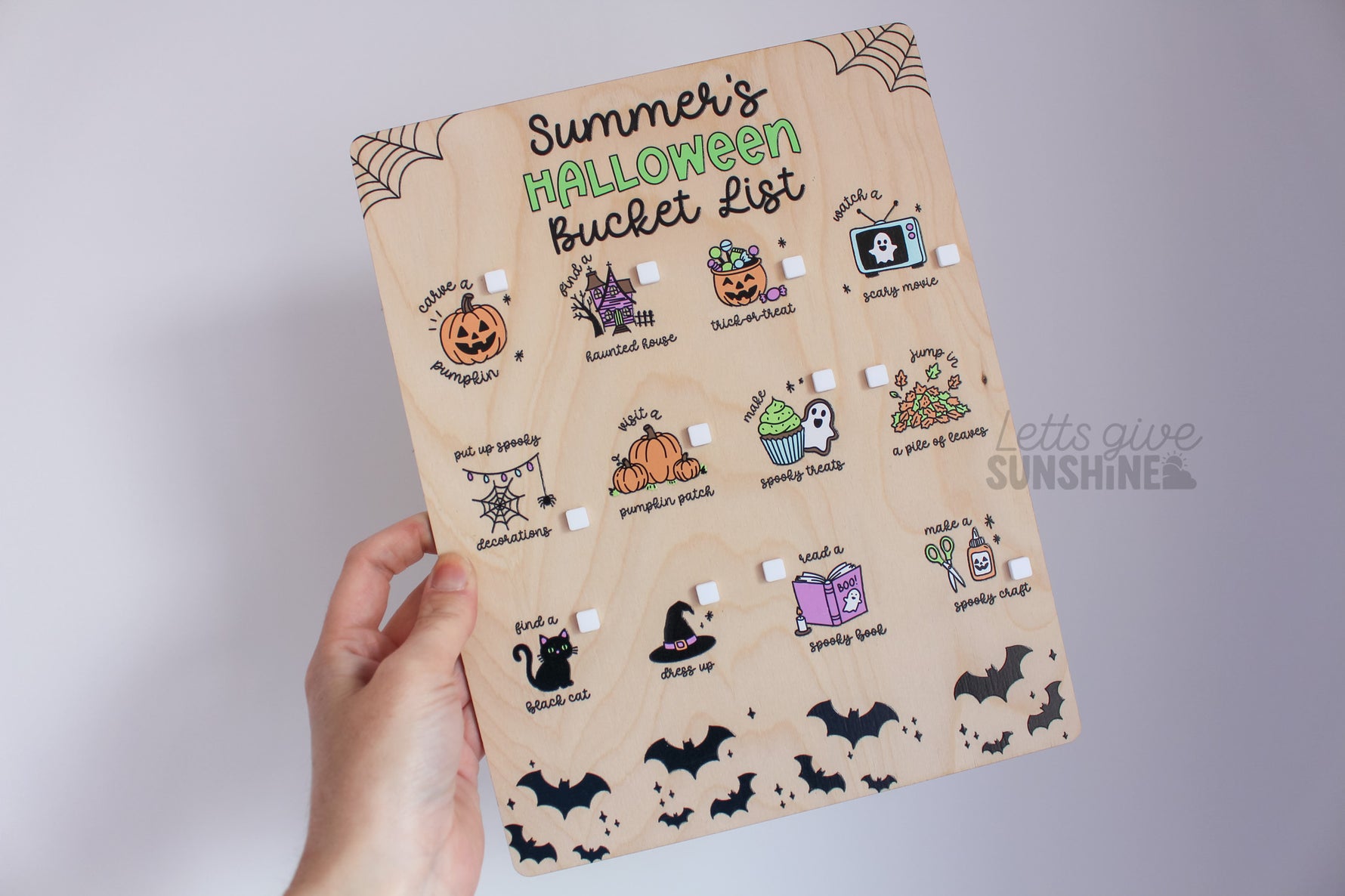 Wooden personalized Halloween Bucket List Board with kids spooky season activities, pumpkins, bats, and custom name