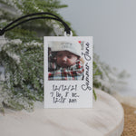 Personalized baby photo ornament featuring a newborn Christmas picture, baby name, and birth details on white acrylic, perfect for a Baby’s First Christmas keepsake.
