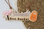 Personalized wooden Boo Basket tag with child’s name, pink bat and orange pumpkin bucket Halloween design