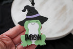 Personalized frog witch Boo Basket tag with child’s name, green frog Halloween tag with black witch hat and purple detail
