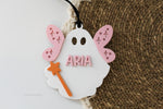 Personalized fairy ghost Boo Basket tag with pink wings, orange star wand and child’s name on a white ghost Halloween tag