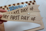 Close-up of interchangeable “My First Day Of” and “My Last Day Of” wooden banners for a personalized checkered dry erase school board.