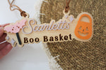 Personalized wooden Boo Basket tag with child’s name, pink bat, orange pumpkin bucket and Halloween accents