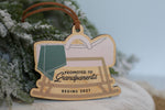 Wooden Promoted to Grandparents pregnancy announcement ornament featuring a baby bassinet and rocking cradle design with Begins 2027 lettering, hanging on a snowy Christmas tree.