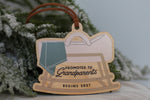 Pregnancy reveal Christmas ornament for grandparents-to-be with a pastel baby bassinet illustration, Promoted to Grandparents message and personalized 2027 year.