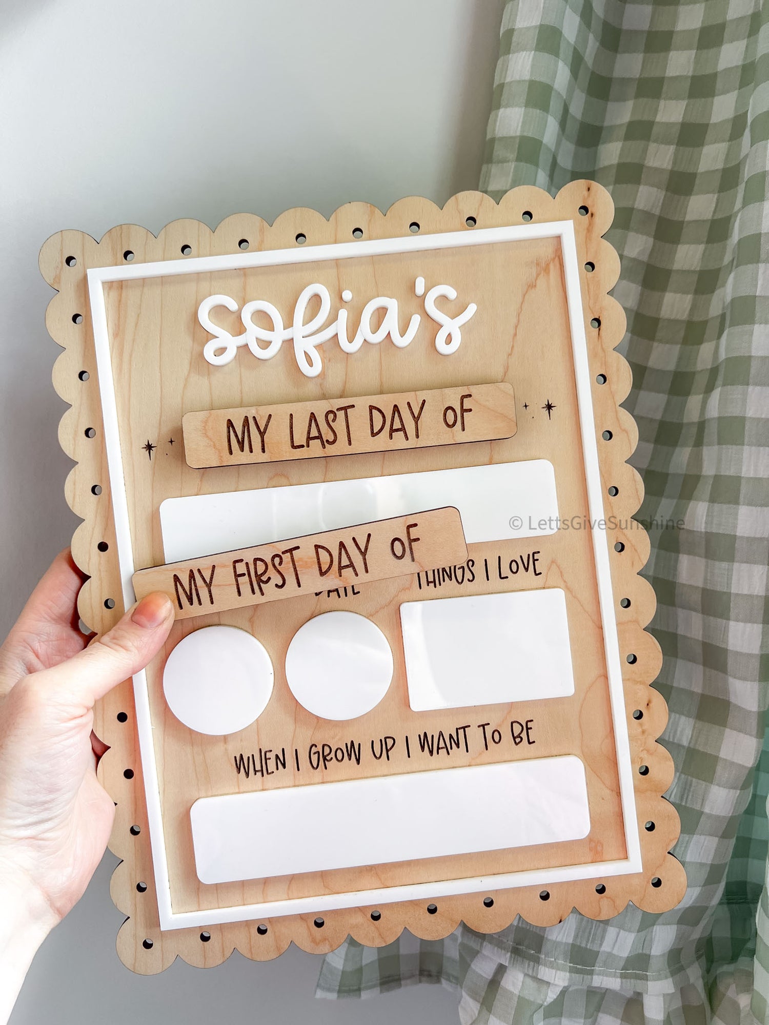 Personalized wooden First/Last Day of Board with interchangeable first and last day titles, dry-erase sections and scalloped border