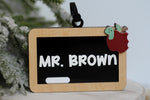 Custom teacher name Christmas ornament made from layered wood and acrylic with black chalkboard, raised white Mr. Brown lettering and apple decoration
