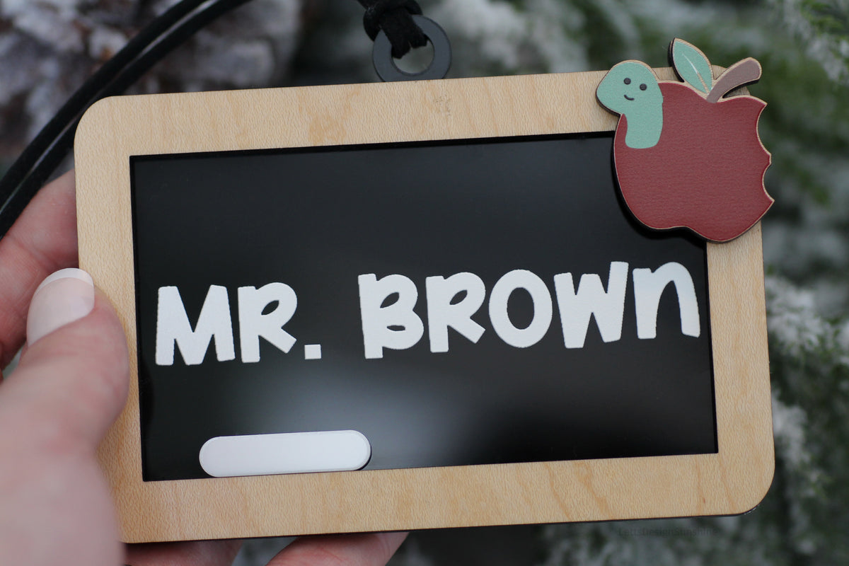 Handmade chalkboard teacher ornament with personalized Mr. Brown name, miniature white chalk accent and red apple with a green worm