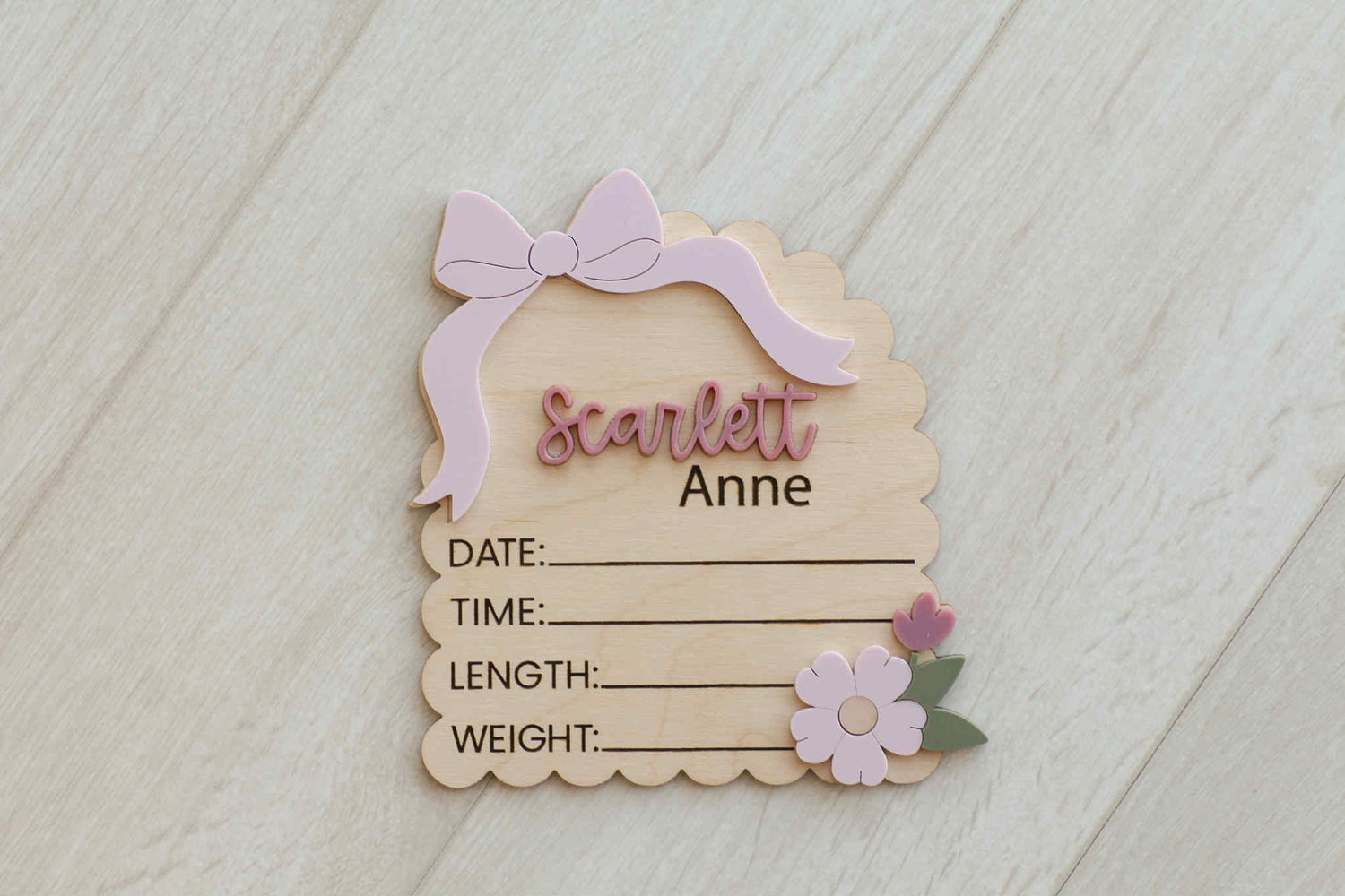 Birth Announcement Name Plaque with Birth Stats: Floral/Bow